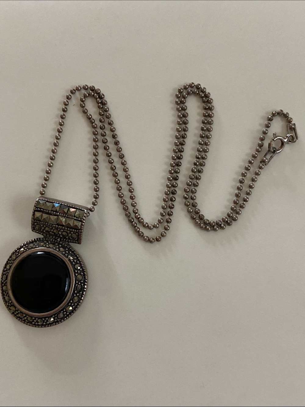 925 MT Sterling Silver Round Black Marcasite/Onyx Stone Drop Pendant/Necklace